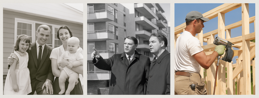 Three images side-by-side, a photo of the post WWII federal housing involvement, followed but the 1960s-1980s and the 1990s pullback.